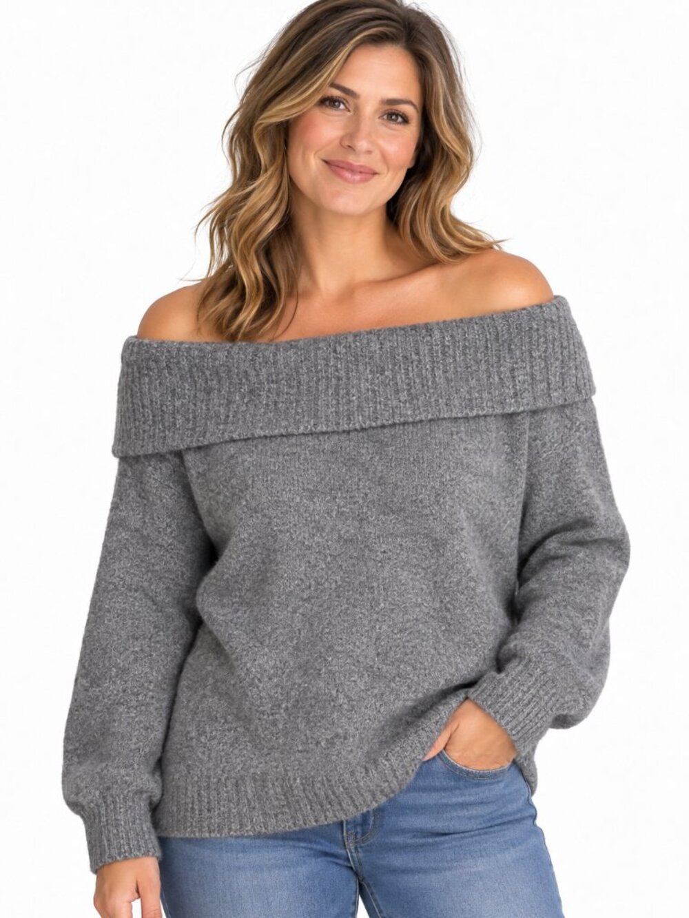 Athmile Women's M Gray Off The Shoulder Knit Sweater Wide Folded Collar NWT